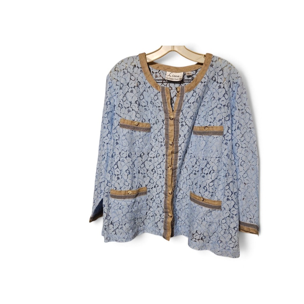 Linea by Louis Dell Olio Light Blue Floral Lace Jacket Tan Trim Size XL 0523